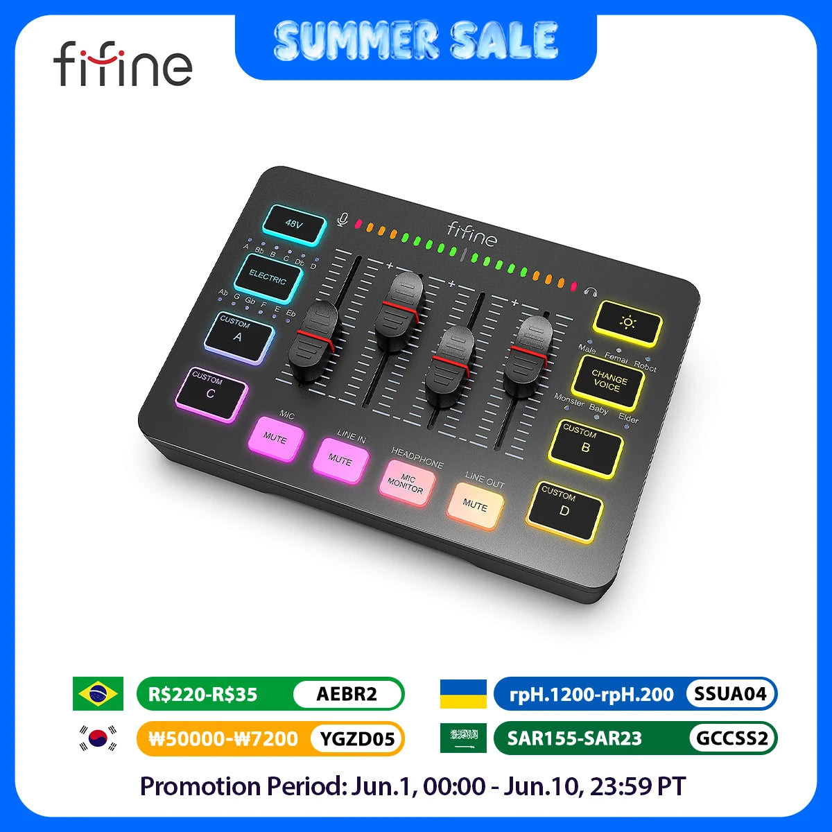 Gaming Audio Mixer,Streaming 4-Channel RGB Mixer with XLR Microphone Interface,For Game Voice,Podcast,Ampligame SC3
